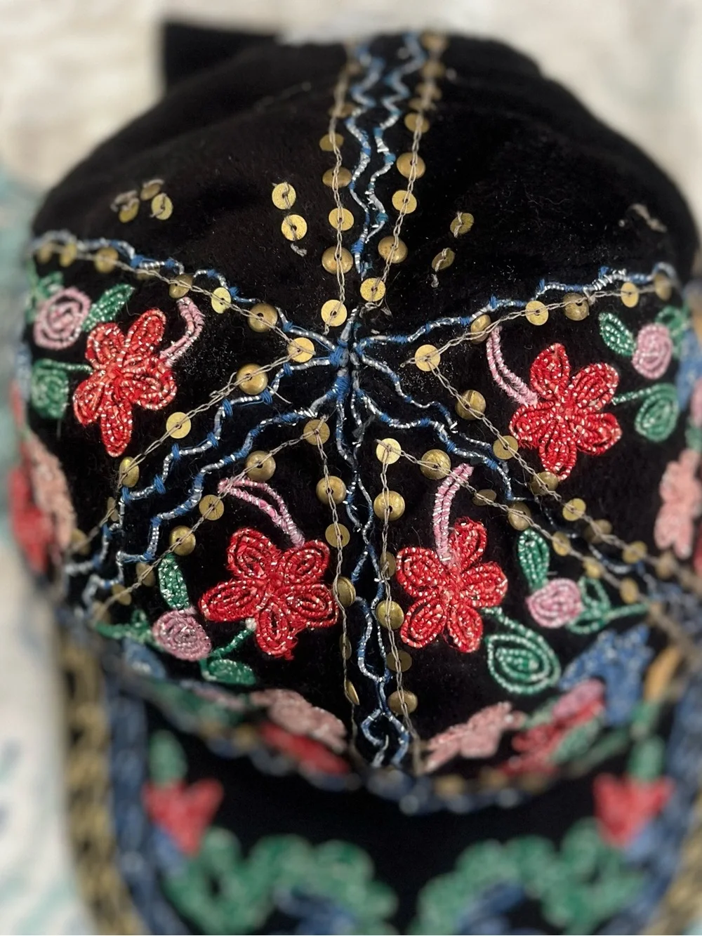 Brand New! Embroidered Floral Black Cap with Multicolor Beading